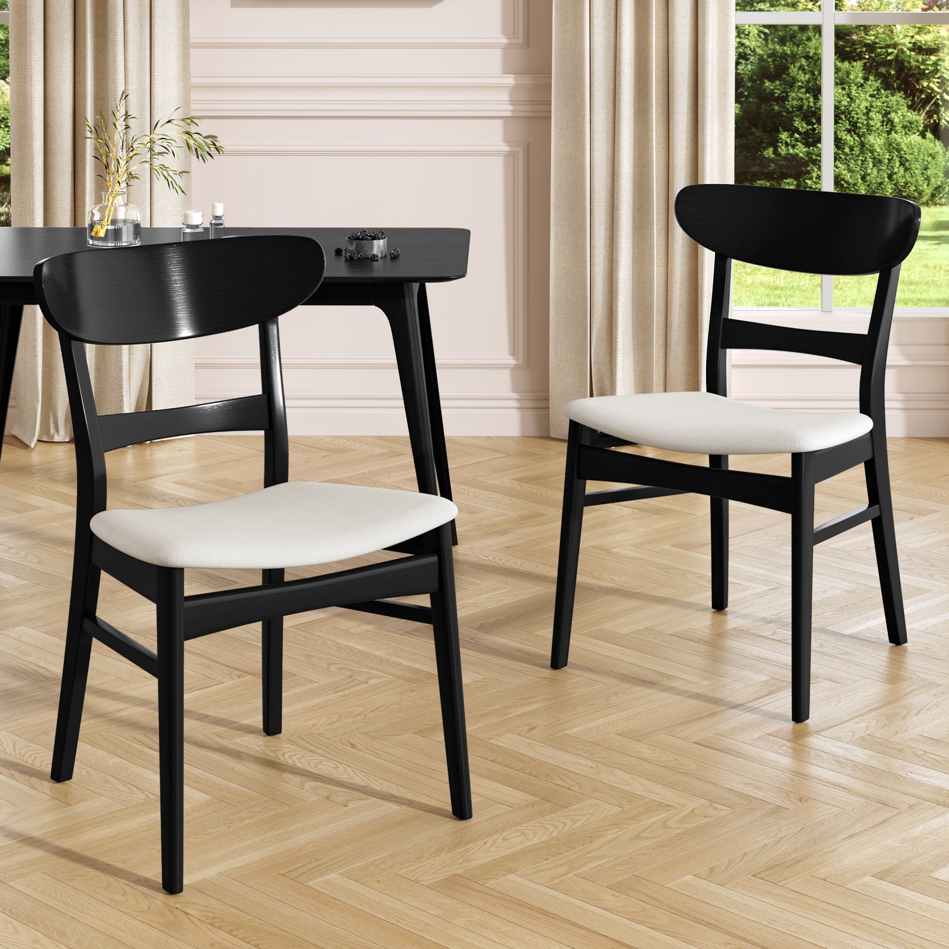 [Video] Set of 2 Dining Chairs - Upholstered Seat, Rubberwood Legs, Black + Light beige(same sku: 58915.00LBEBLK)