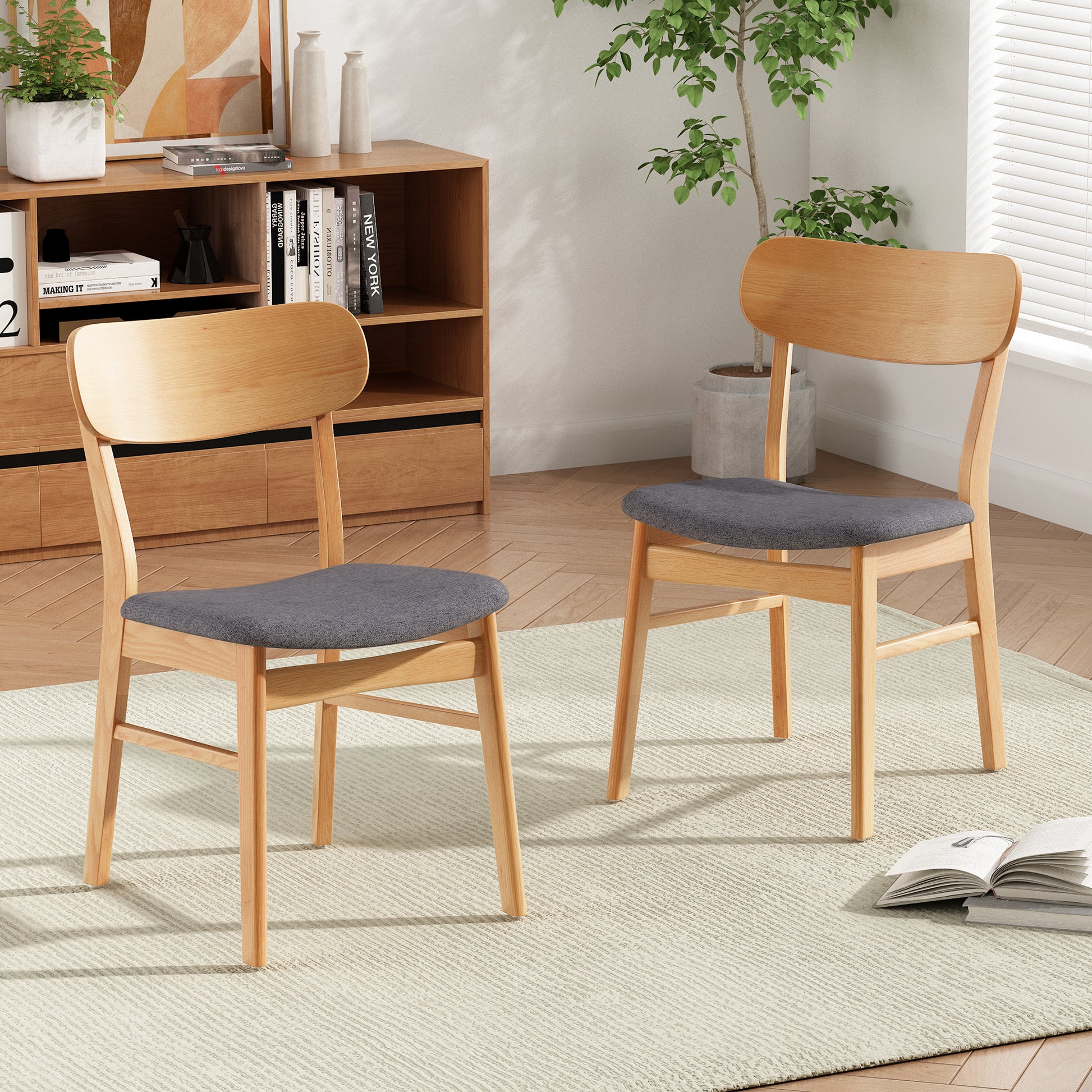 [Video] Set of 2 Dining Chairs - Fabric Cushioned Seat, Solid Rubberwood Legs, Dark Grey (same sku: 58925.00OAK)