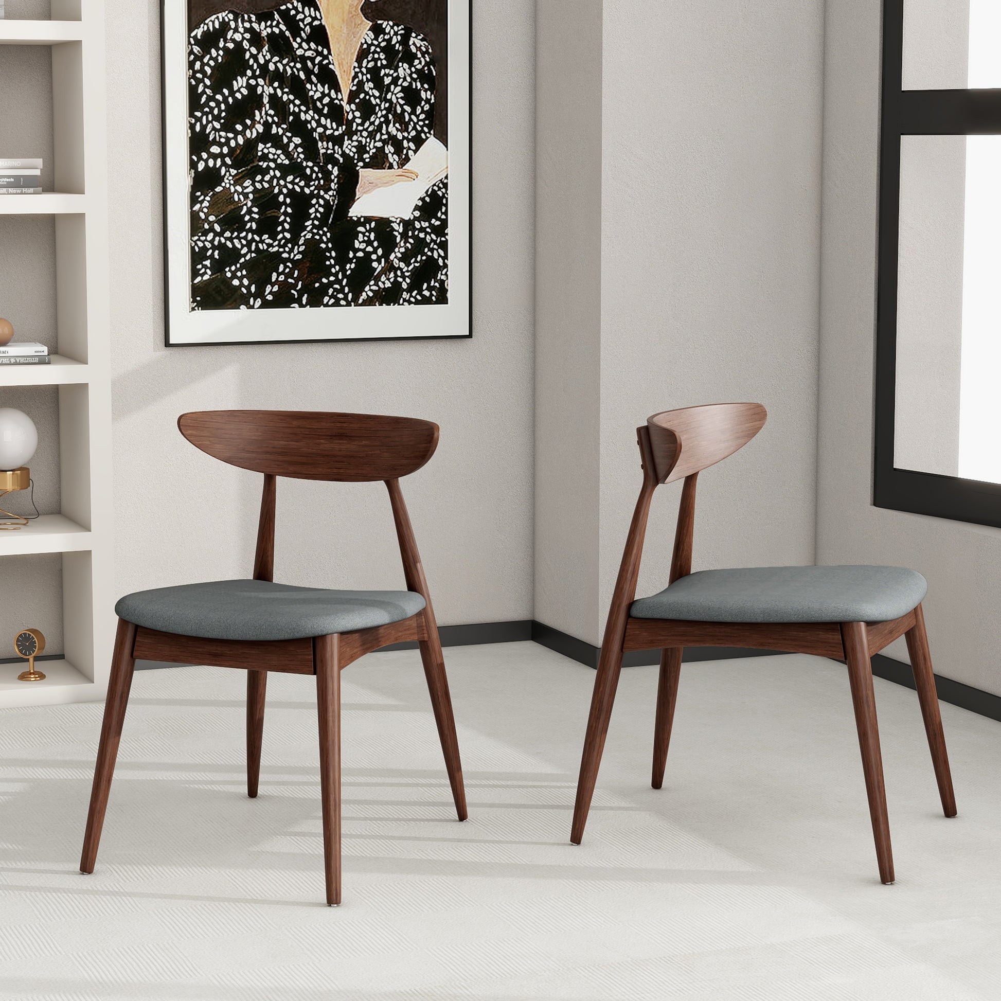 Set of 2 Retro Rubberwood Chairs with Ergonomic Back & Plush Cushions, Walnut+Light Gray (same sku: 59297.00DBEI)
