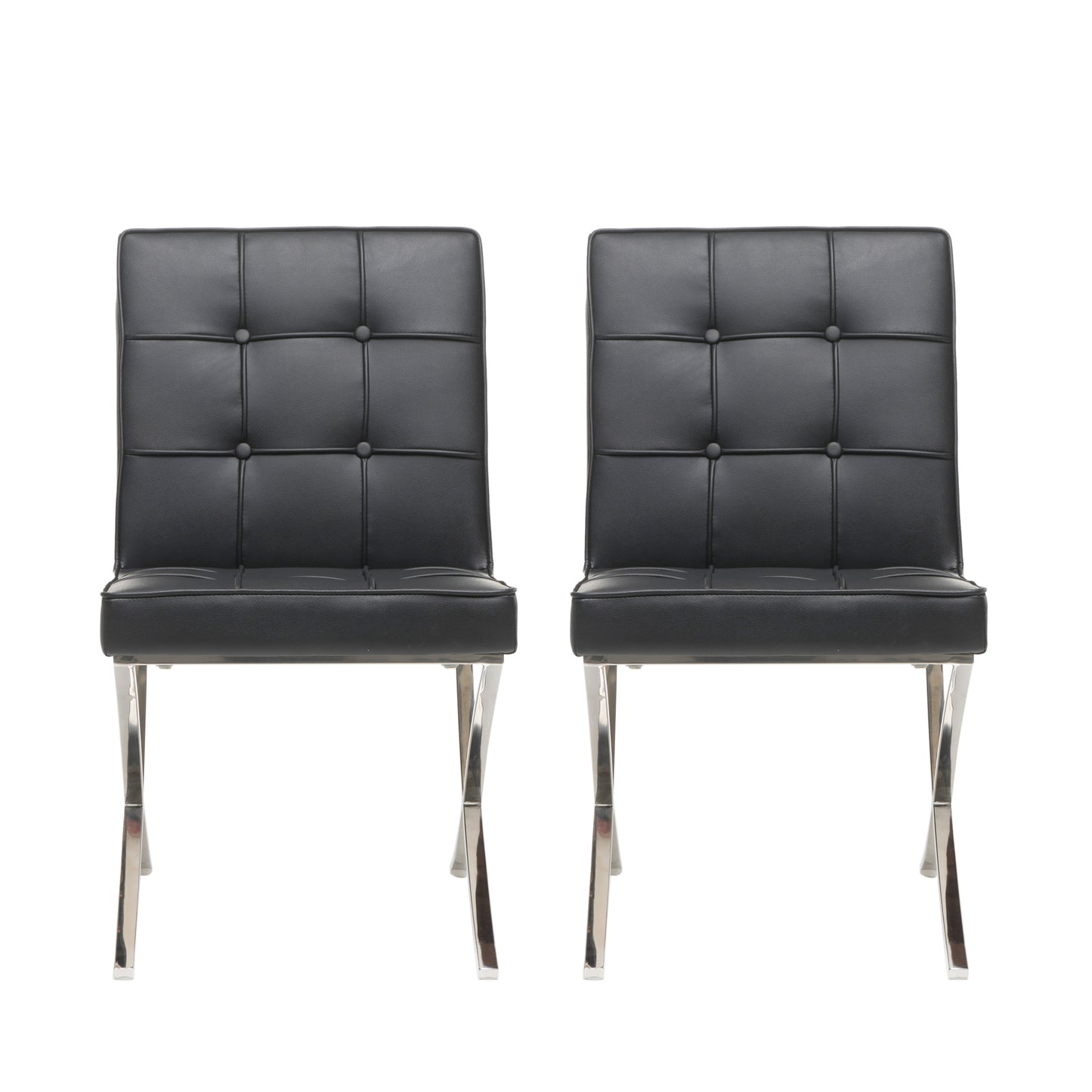 Black Leather Dining Chair Set with Stainless Steel Legs