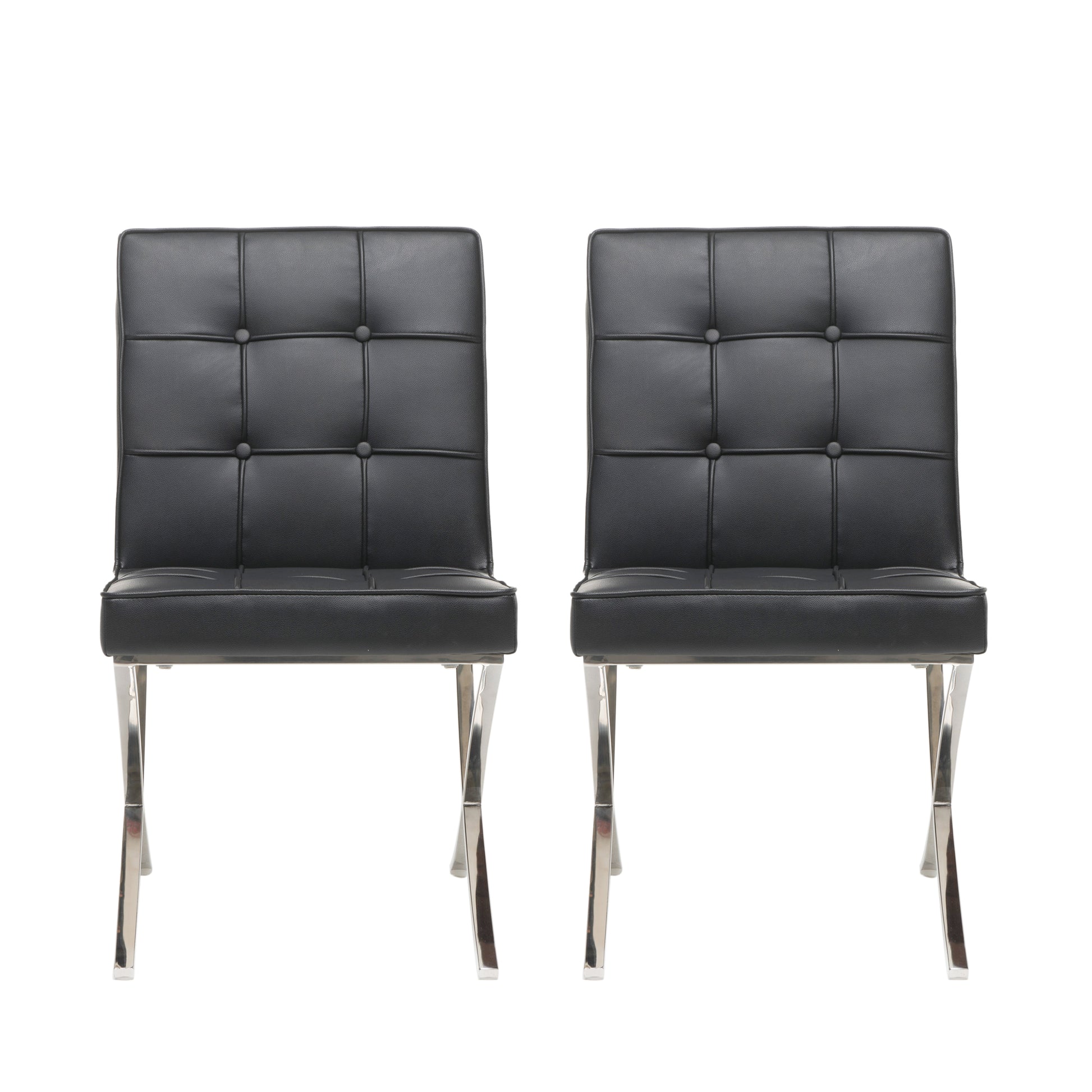 Black Leather Dining Chair Set with Stainless Steel Legs