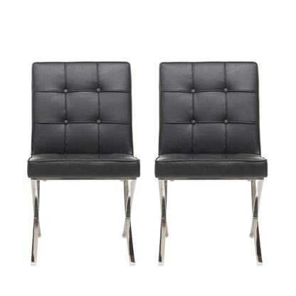 Black Leather Dining Chair Set with Stainless Steel Legs