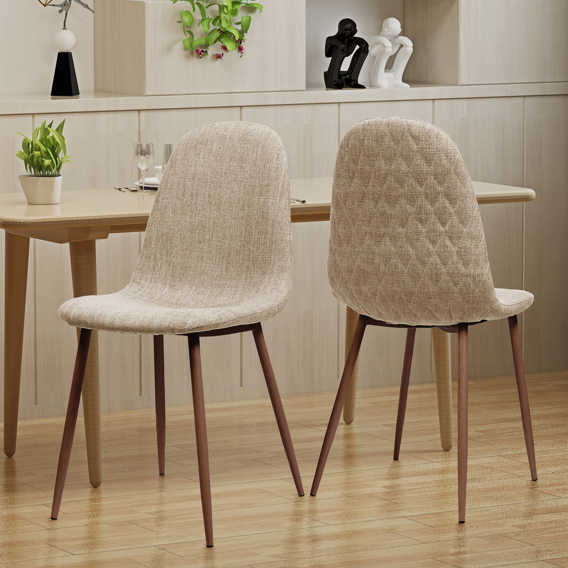 Mid-Century Dining Chair Fabric Upholstered Chair with Dark Walnut Wood Finished Metal Legs (Set of 2), Wheat