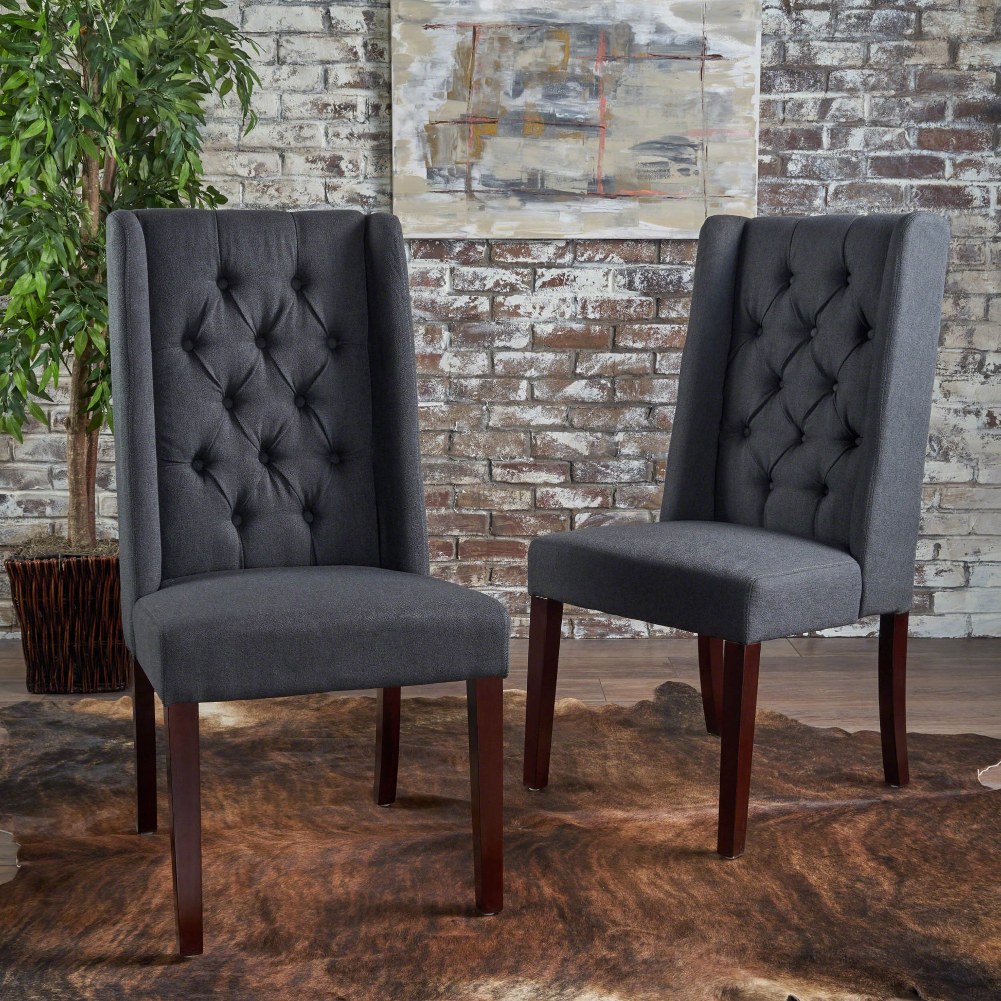 Charcoal Wood Fabric Dining Chairs - Set of 2 for Dining Room