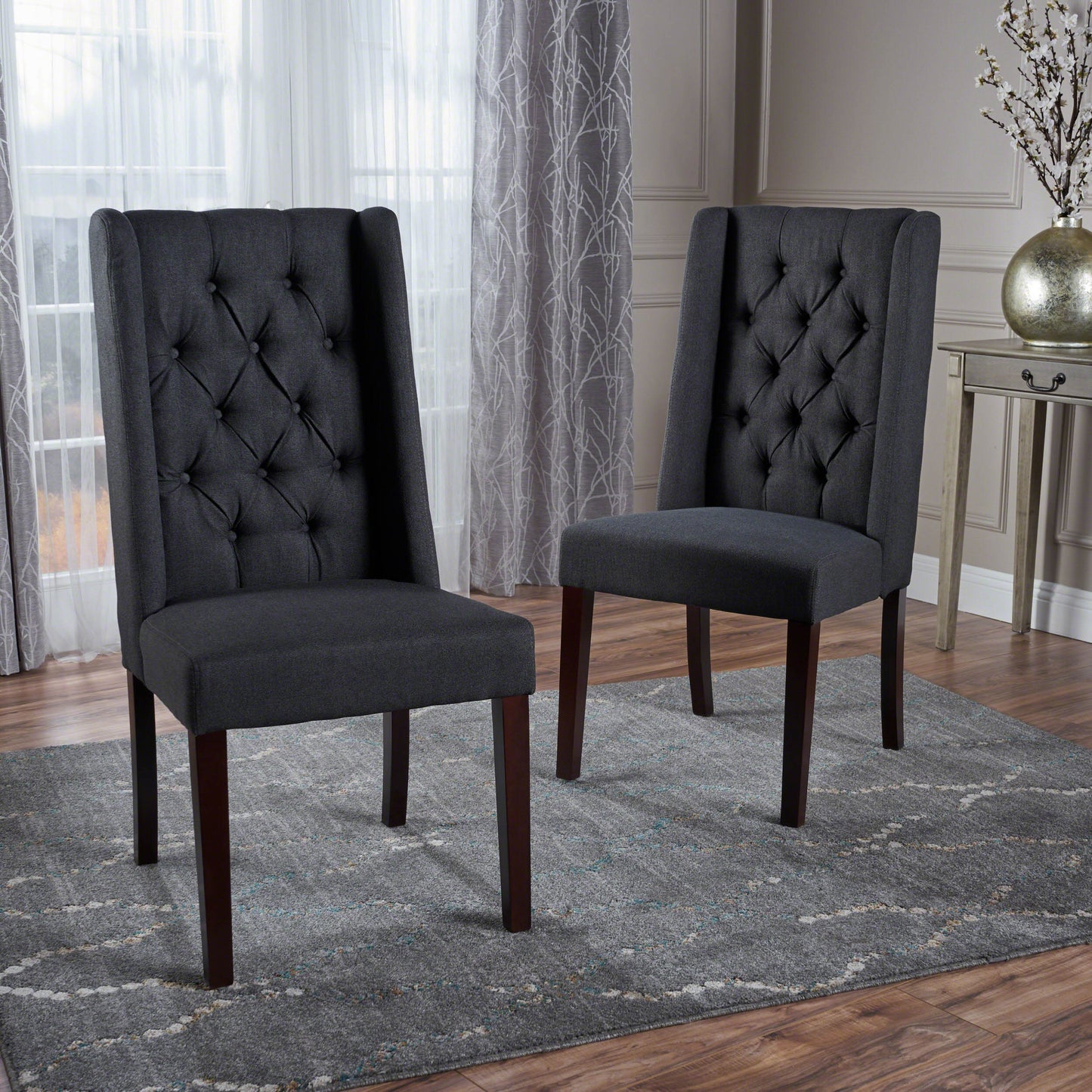 Charcoal Wood Fabric Dining Chairs - Set of 2 for Dining Room