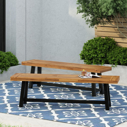Acacia Outdoor Bench,Sandblast Teak Finish and Black, set of 2pcs