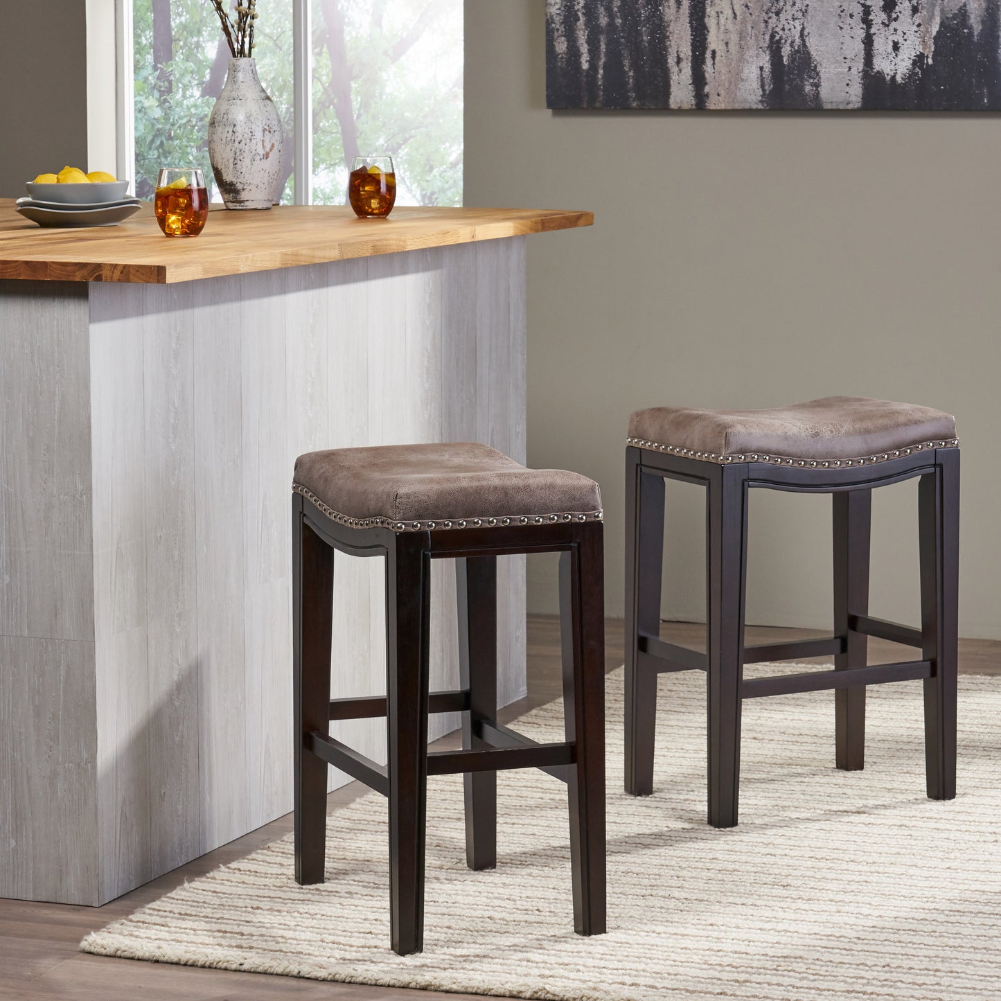 Grey Fabric Bar Stools Set of 2 - Acacia Wood Frame for Dining Room