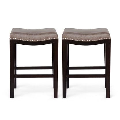 Grey Fabric Bar Stools Set of 2 - Acacia Wood Frame for Dining Room