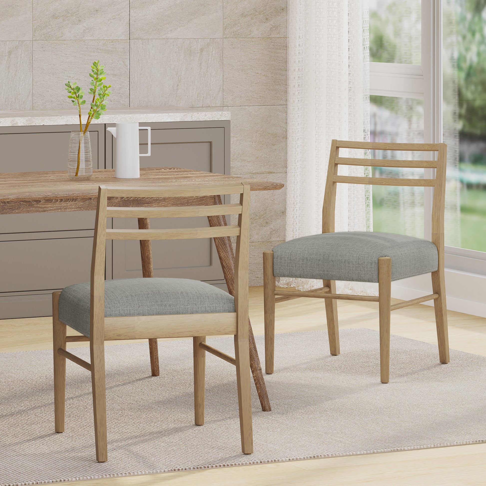 Dining Chairs Set of 2 - Grey Fabric Farmhouse Style