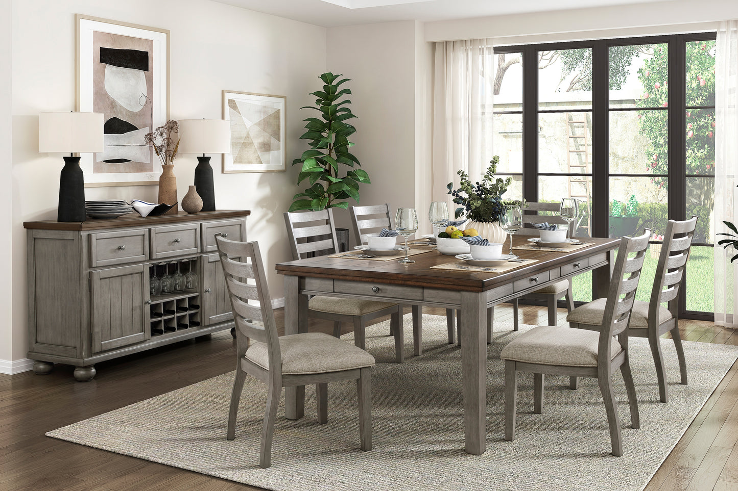 Traditional Dining Table - Gray & Cherry Wood - 6 Drawers