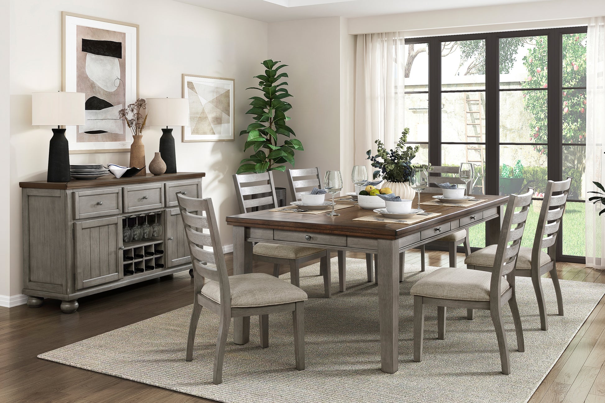 Traditional Dining Table - Gray & Cherry Wood - 6 Drawers