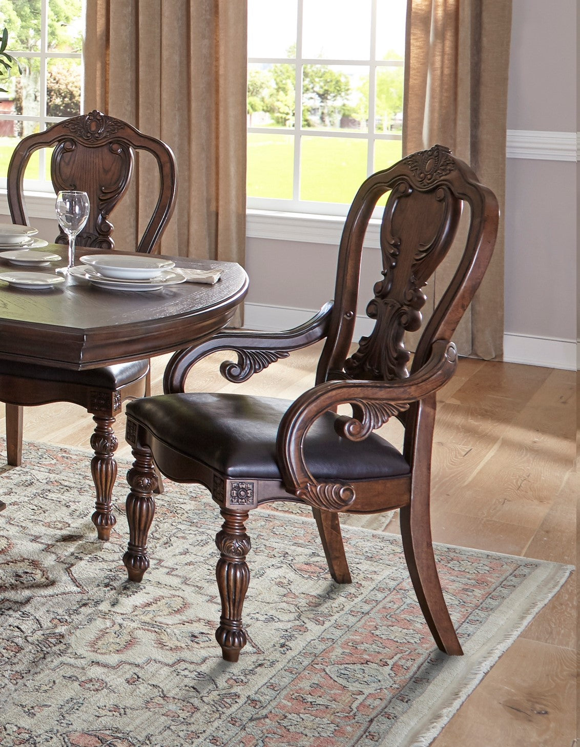 Dark Oak Dining Armchairs Set of 2 - Traditional Wood Frame