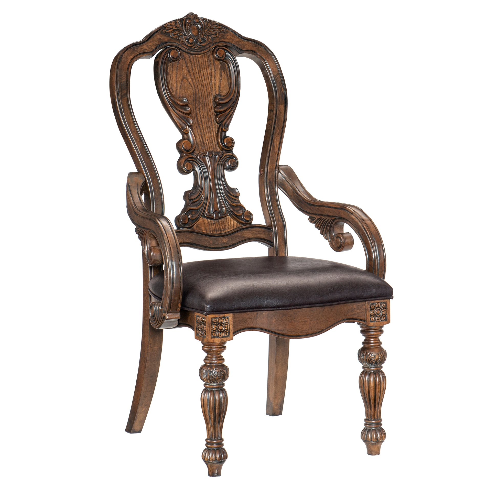 Traditional Formal Dining Furniture Armchairs Set of 2pc Dark Oak Finish Wood Frame Faux Leather Upholstered Seat