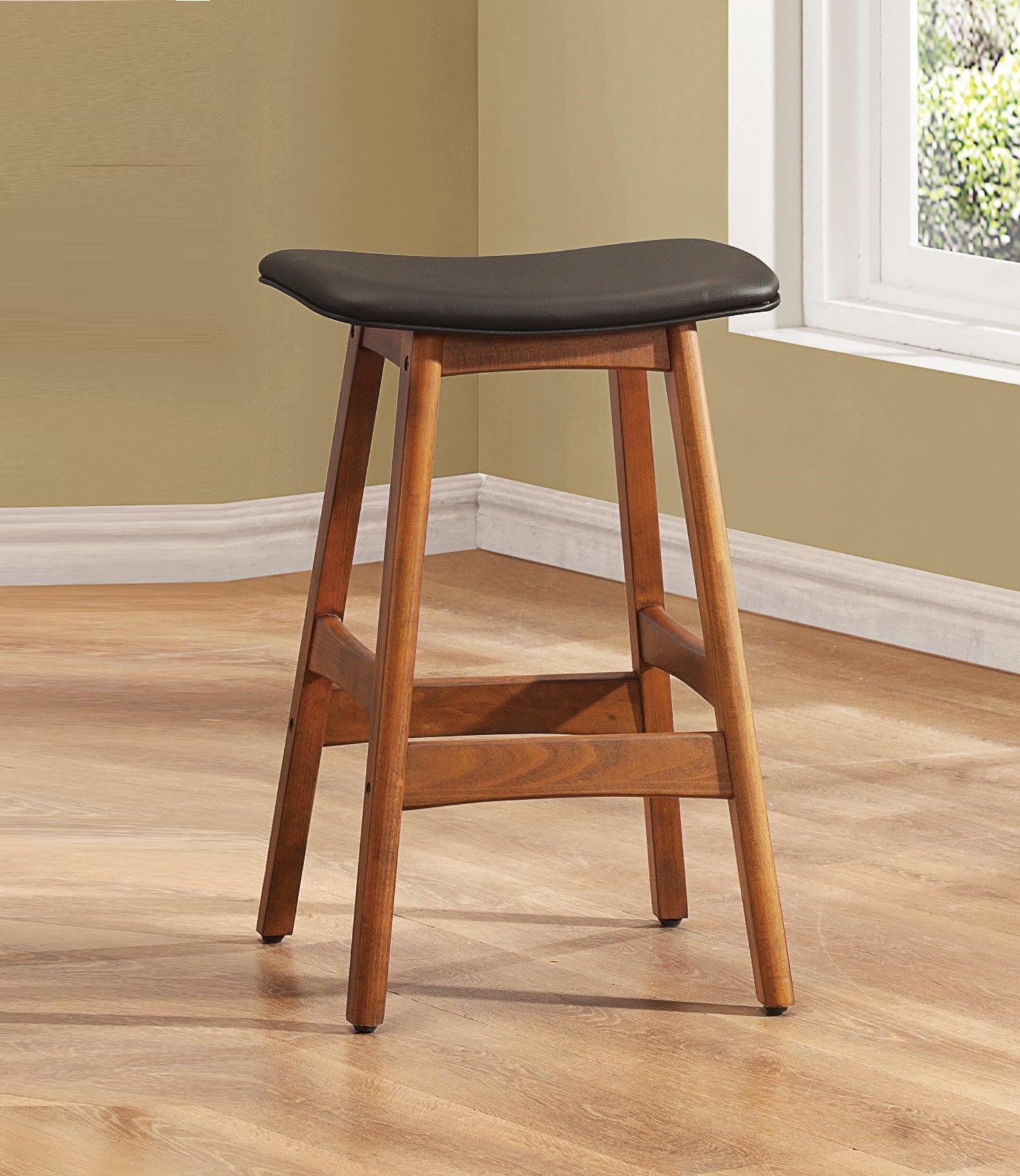 Solid Wood Walnut Finish Counter Height Stools Set of 2 Dark Brown Faux Leather