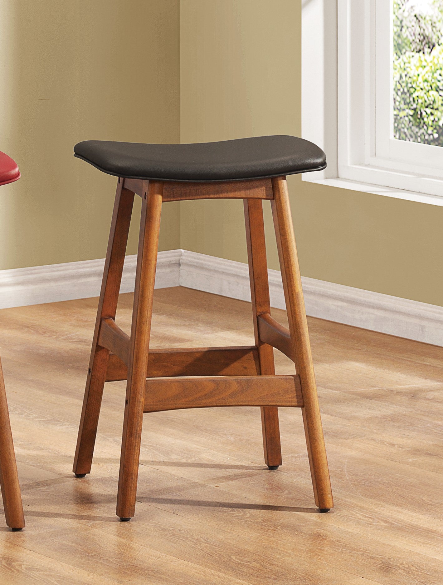Solid Wood Walnut Finish Counter Height Stools Set of 2 Dark Brown Faux Leather