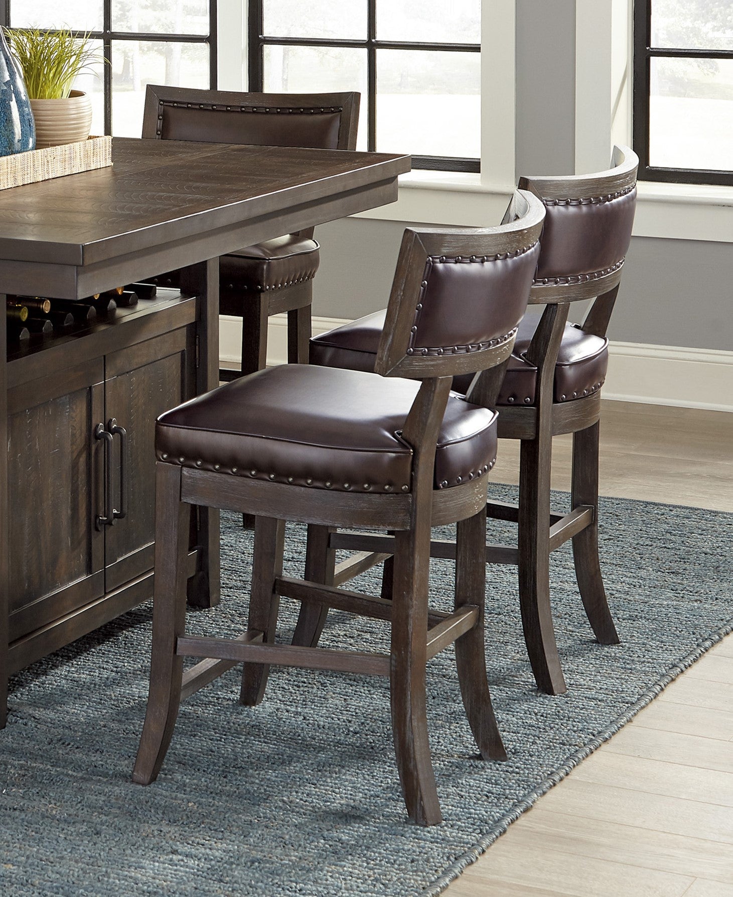 Rustic Aesthetic Dark Cherry Finish Counter Height Chair Set of 2 Wood Framed Nailhead Trim Faux Leather Upholstered Seat Kitchen Dining Room Furniture