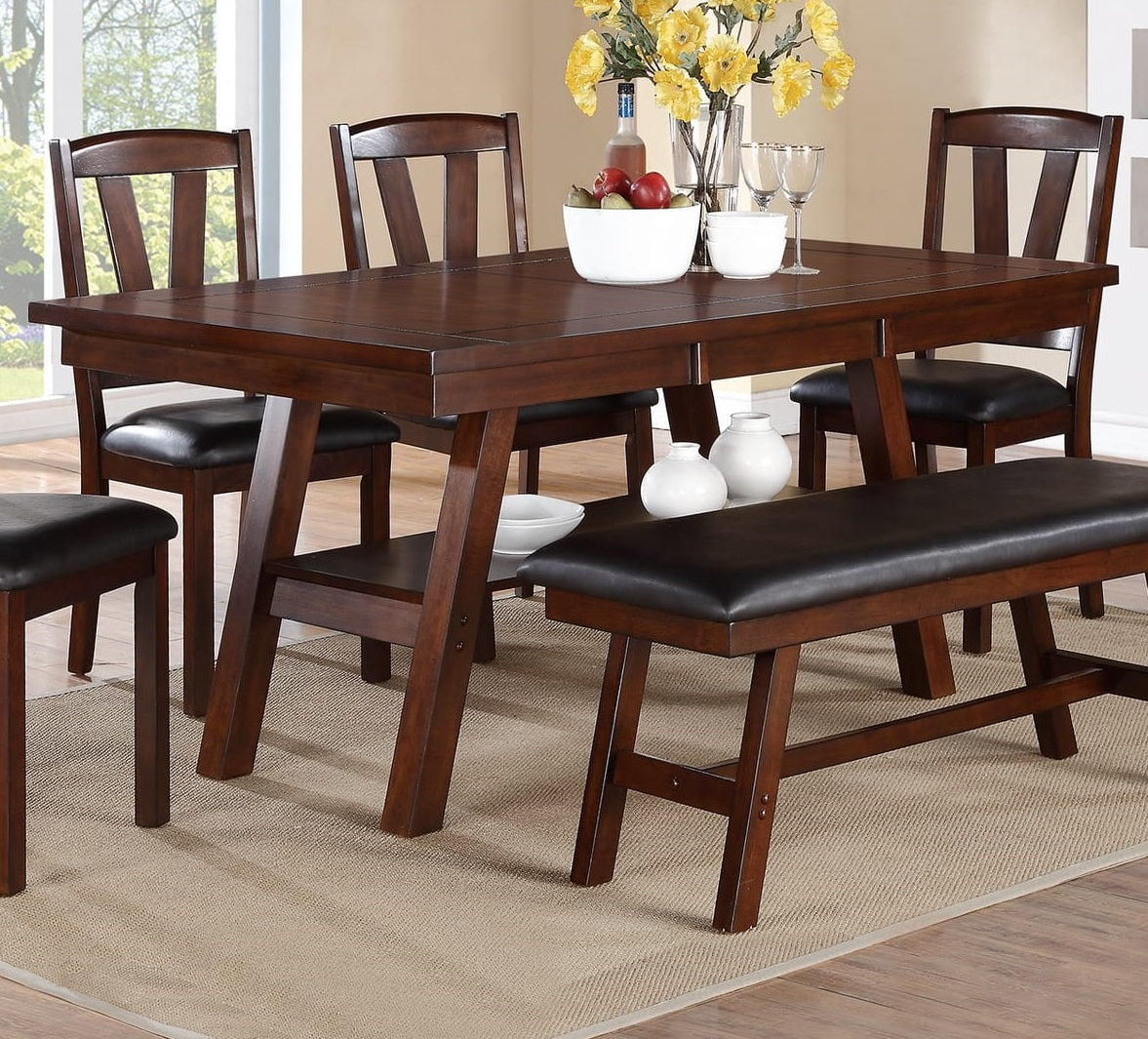 Modern Walnut Rubberwood Dining Table with Open Storage Shelf