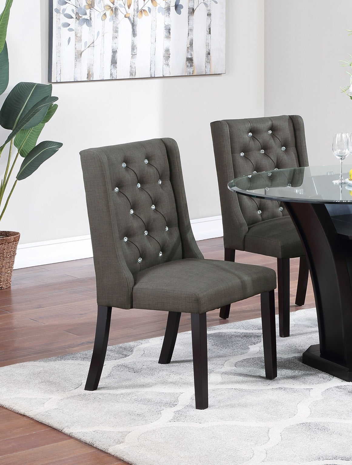 Modern Fabric / Polyfiber Ash Black Tufted Set of 2 Chairs Dining Seat Chair Rubber wood MDF Kitchen Dining Room Wingback Design