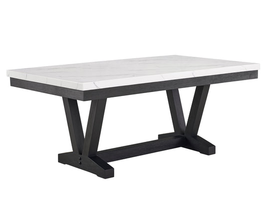 1pc Transitional Modern Formal Dining Table White Faux Marble Rectangular Table Top Trestle Base Black Finish Legs Wooden Dining Room Furniture