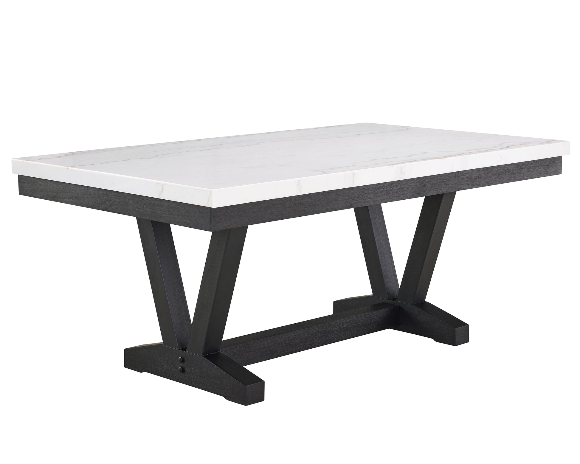 1pc Transitional Modern Formal Dining Table White Genuine Marble Rectangular Table Top Trestle Base Black Finish Legs Wooden Dining Room Furniture