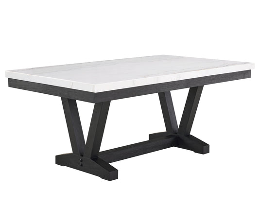 1pc Transitional Modern Formal Dining Table White Genuine Marble Rectangular Table Top Trestle Base Black Finish Legs Wooden Dining Room Furniture