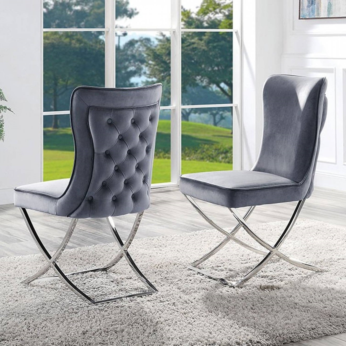 Glam Gray Velvet Side Chairs - Set of 2 Dining Chairs