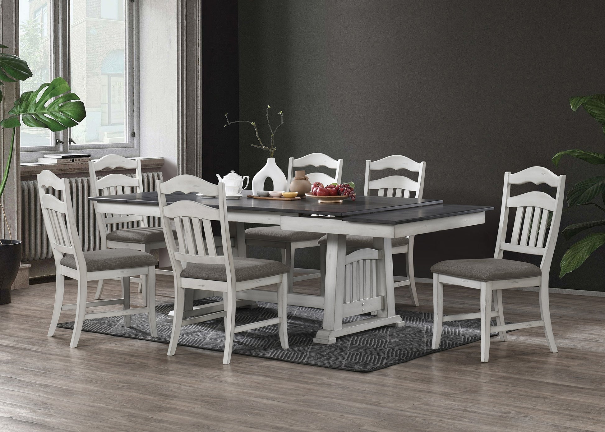 Contemporary Dining Table w 2x Leaves - Antique White & Gray