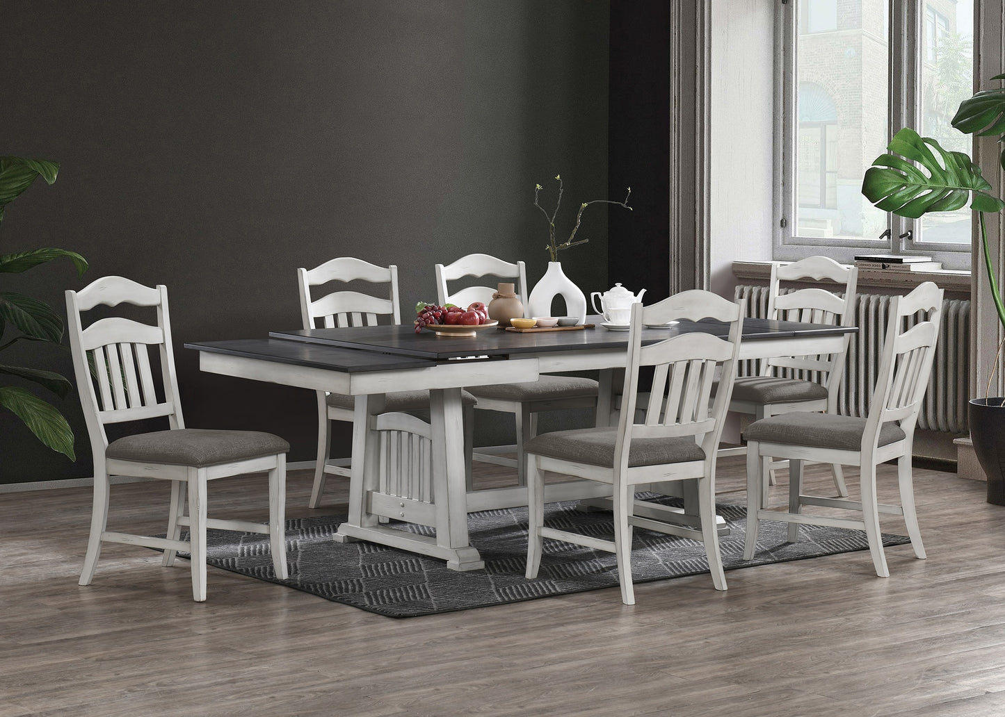 Contemporary Dining Table w 2x Leaves - Antique White & Gray