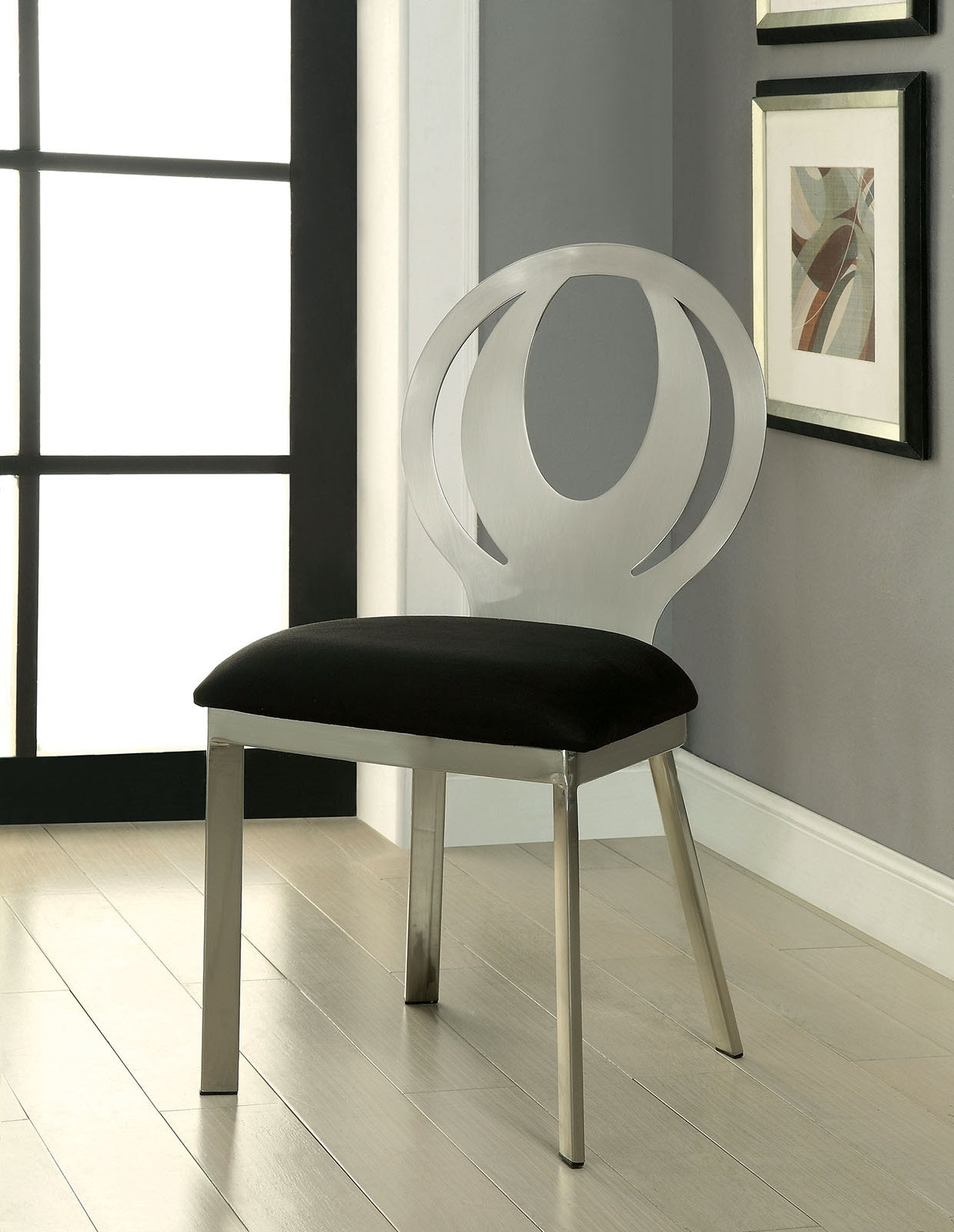 Contemporary Silver Metal Dining Chairs - Set of 2 Black Microfiber Seats