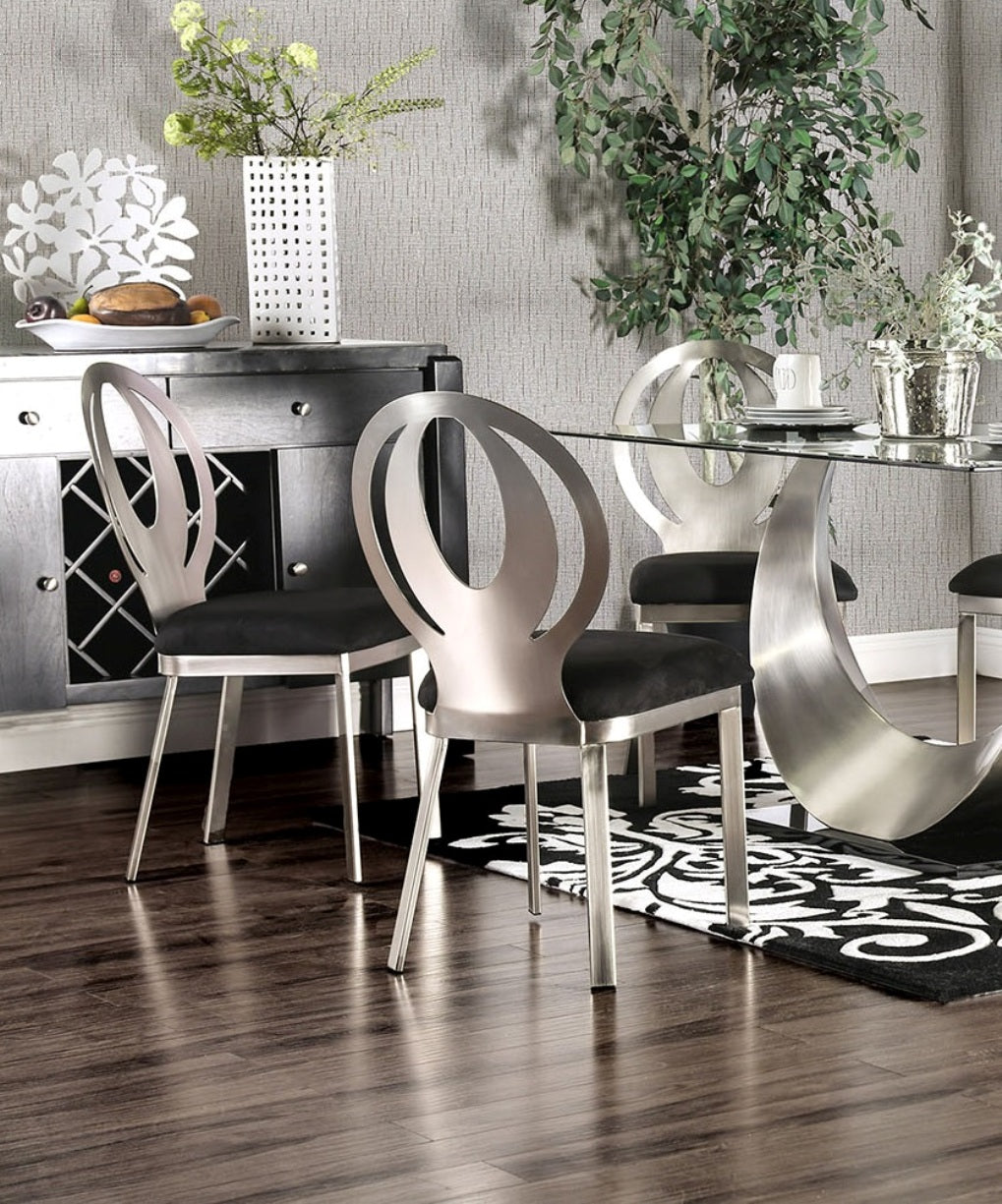Contemporary Silver Metal Dining Chairs - Set of 2 Black Microfiber Seats
