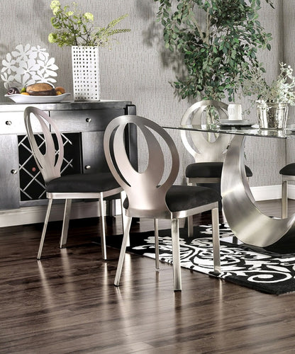 Contemporary Silver Metal Dining Chairs - Set of 2 Black Microfiber Seats