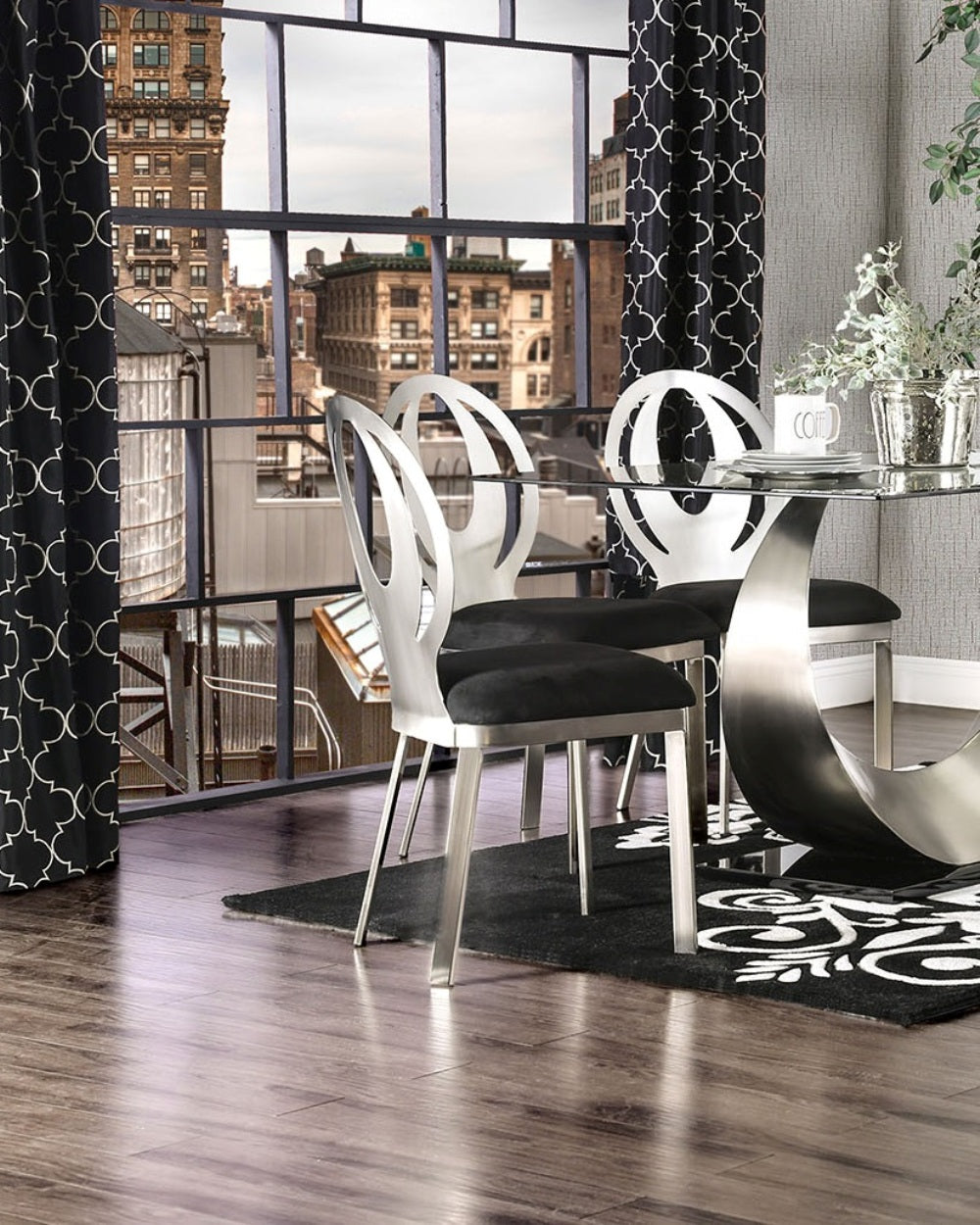 Contemporary Silver Metal Dining Chairs - Set of 2 Black Microfiber Seats