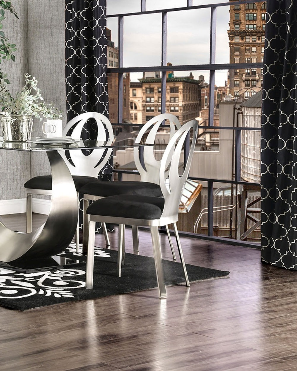 Contemporary Silver Metal Dining Chairs - Set of 2 Black Microfiber Seats