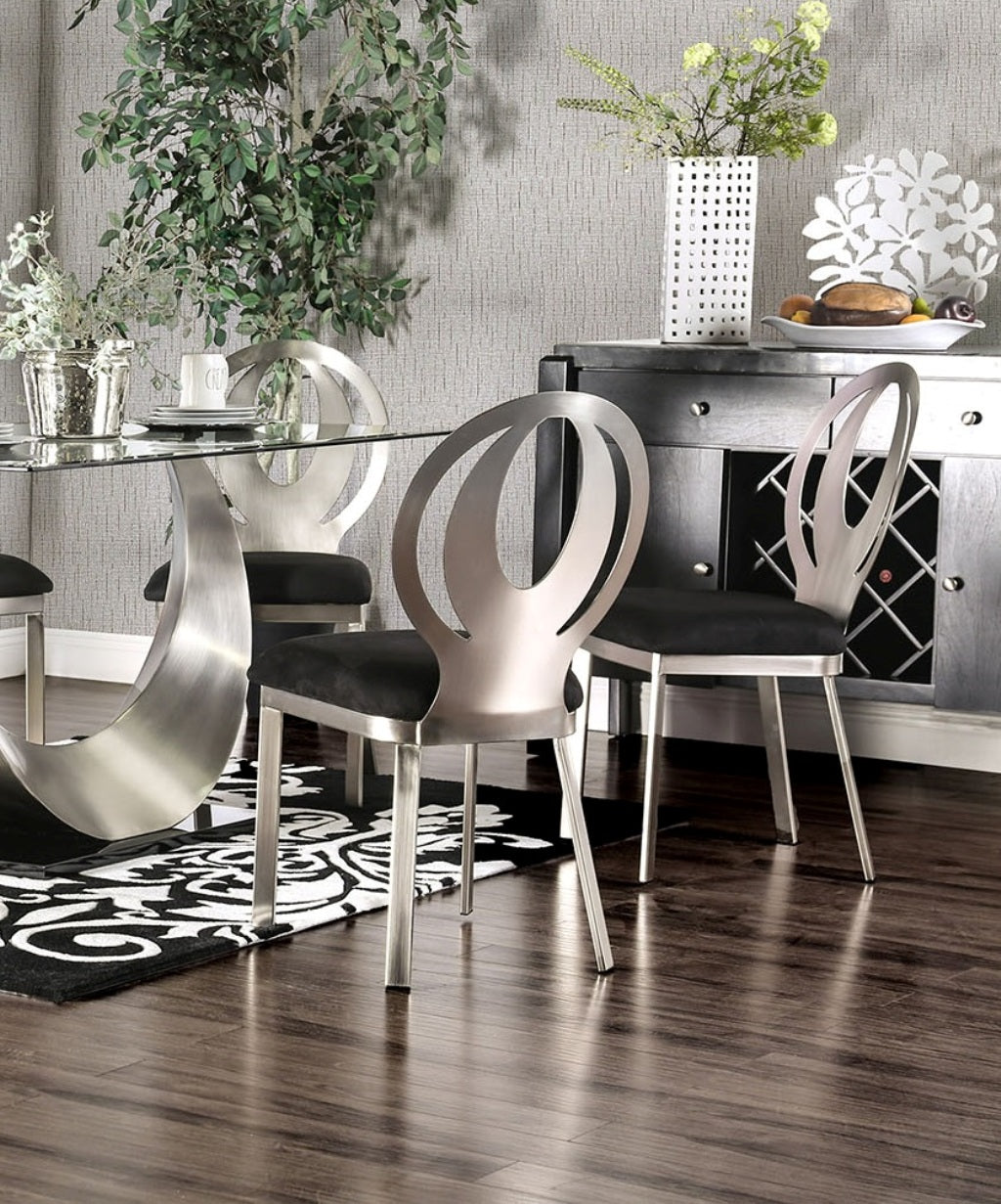 Contemporary Silver Metal Dining Chairs - Set of 2 Black Microfiber Seats