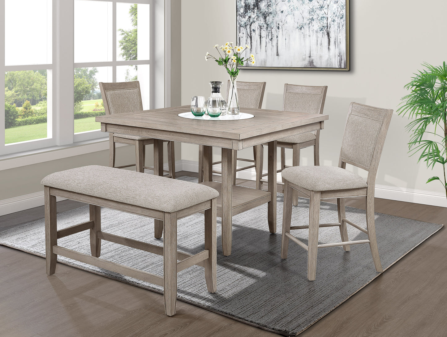 Square Faux Marble Wood Dining Table with Lazy Susan Storage