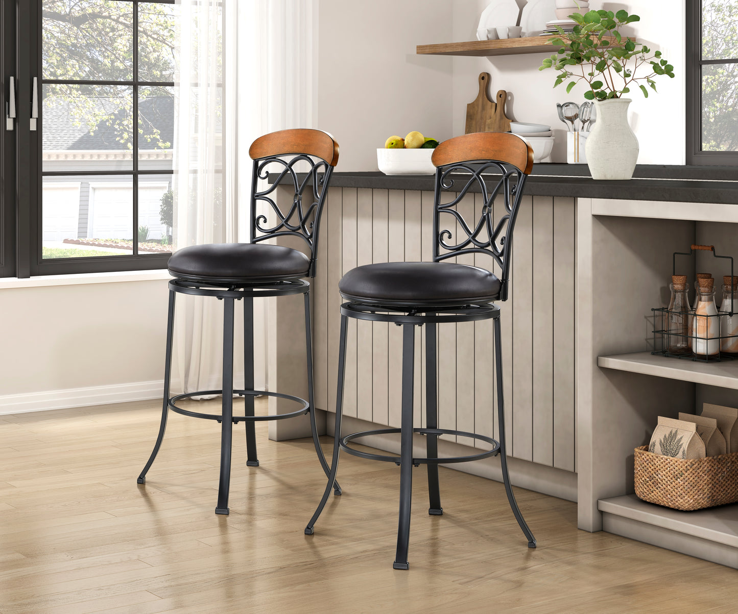Black Metal Pub Height Swivel Chair - Faux Leather Dining Seat