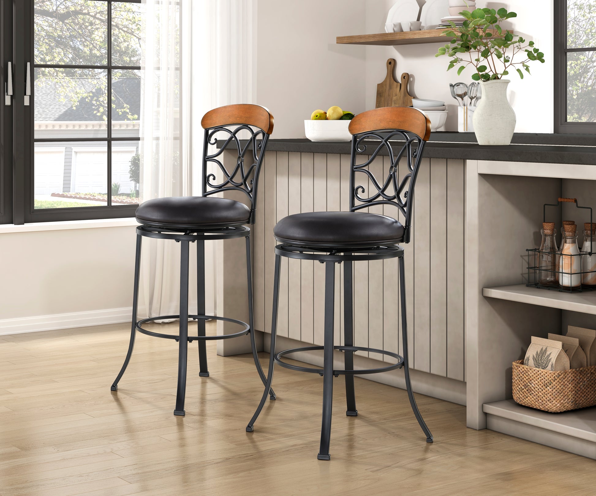 Black Metal Pub Height Swivel Chair - Faux Leather Dining Seat