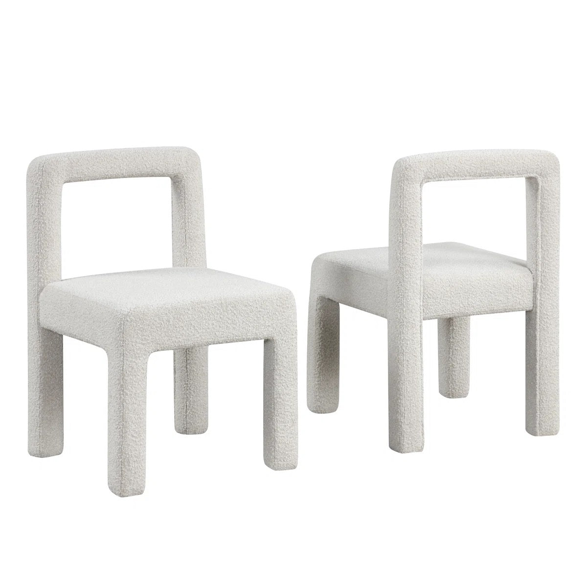 Modern Dining Chair Set of 2, Boucle Upholstered Kitchen Chair Set with Square Open Back, White