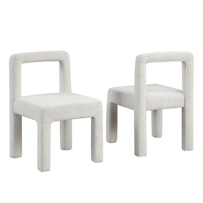 Modern Dining Chair Set of 2, Boucle Upholstered Kitchen Chair Set with Square Open Back, White