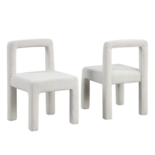 Modern Dining Chair Set of 2, Boucle Upholstered Kitchen Chair Set with Square Open Back, White