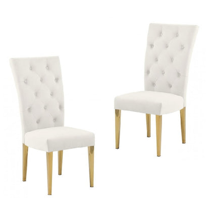 Modern Velvet Upholstered Dining Chair Set of 2, Gold Finish Legs Tufted Kitchen Chair, Cream