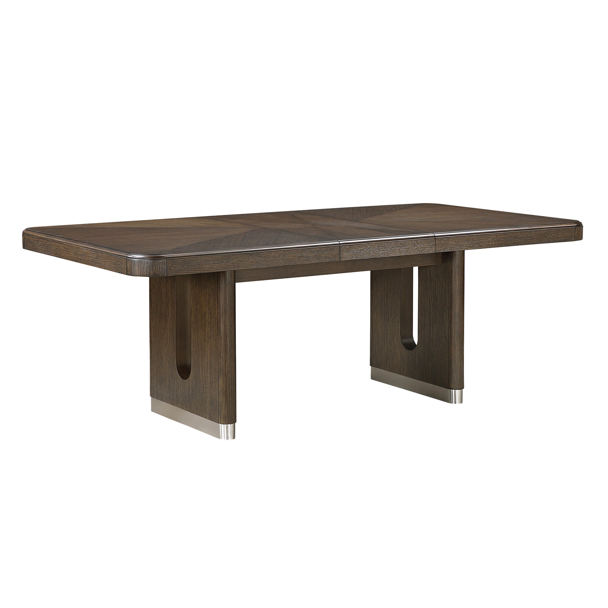 Modern Rectangular Dining Table with Extension Leaf Durable Unique Metallic Accent Base Brown Finish Wooden Dining Furniture 1pc