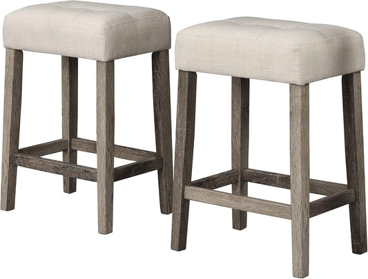 Transitional 24" Wood Counter Stool Set of 2, Backless Counter Seating with Upholstered Linen Fabric Cushion, Kitchen/Dining Room Furniture, Antique Oak