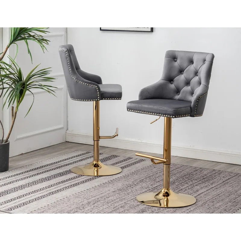 Adjustable Swivel Bar Stool (Set of 2) with Gold Base, Velvet Upholstered Kitchen Chair, Nailhead Trim and Tufted back, Gray