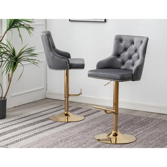 Adjustable Swivel Bar Stool (Set of 2) with Gold Base, Velvet Upholstered Kitchen Chair, Nailhead Trim and Tufted back, Gray