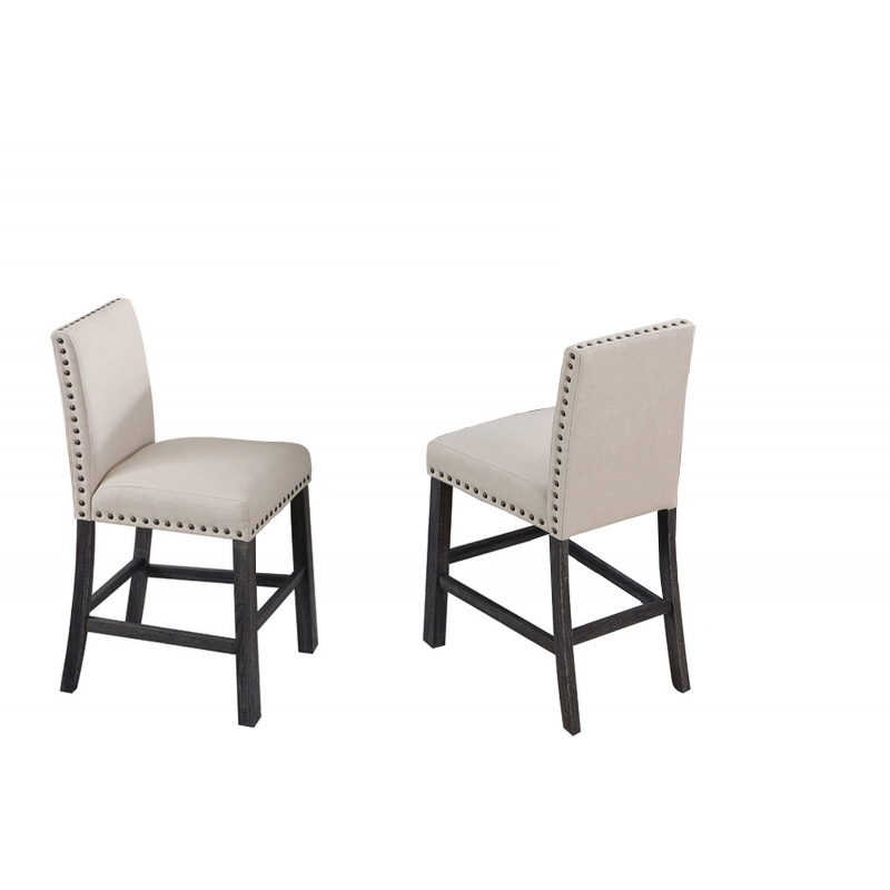 Upholstered Counter Dining Chair Set of 2, Nailhead Trim, Antique Gray Wood Legs Kitchen Side Counter Stools, Natural