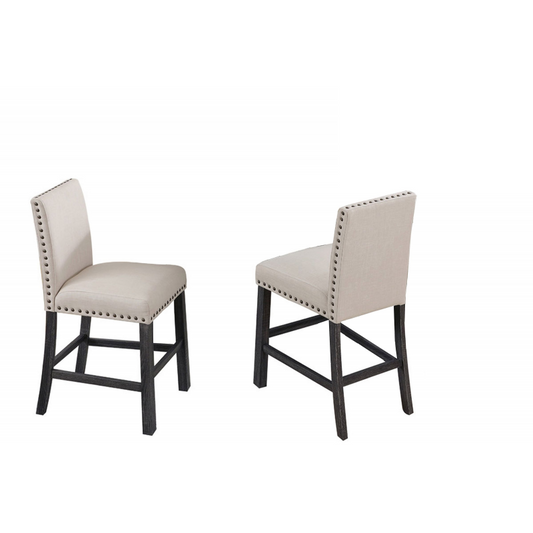 Upholstered Counter Dining Chair Set of 2, Nailhead Trim, Antique Gray Wood Legs Kitchen Side Counter Stools, Natural