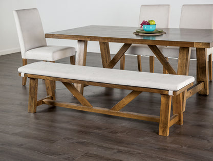 1pc Upholstery Bench Brown And White Finish Fabric Cushion On Top Upholstered Seat Trestle Base Rustic