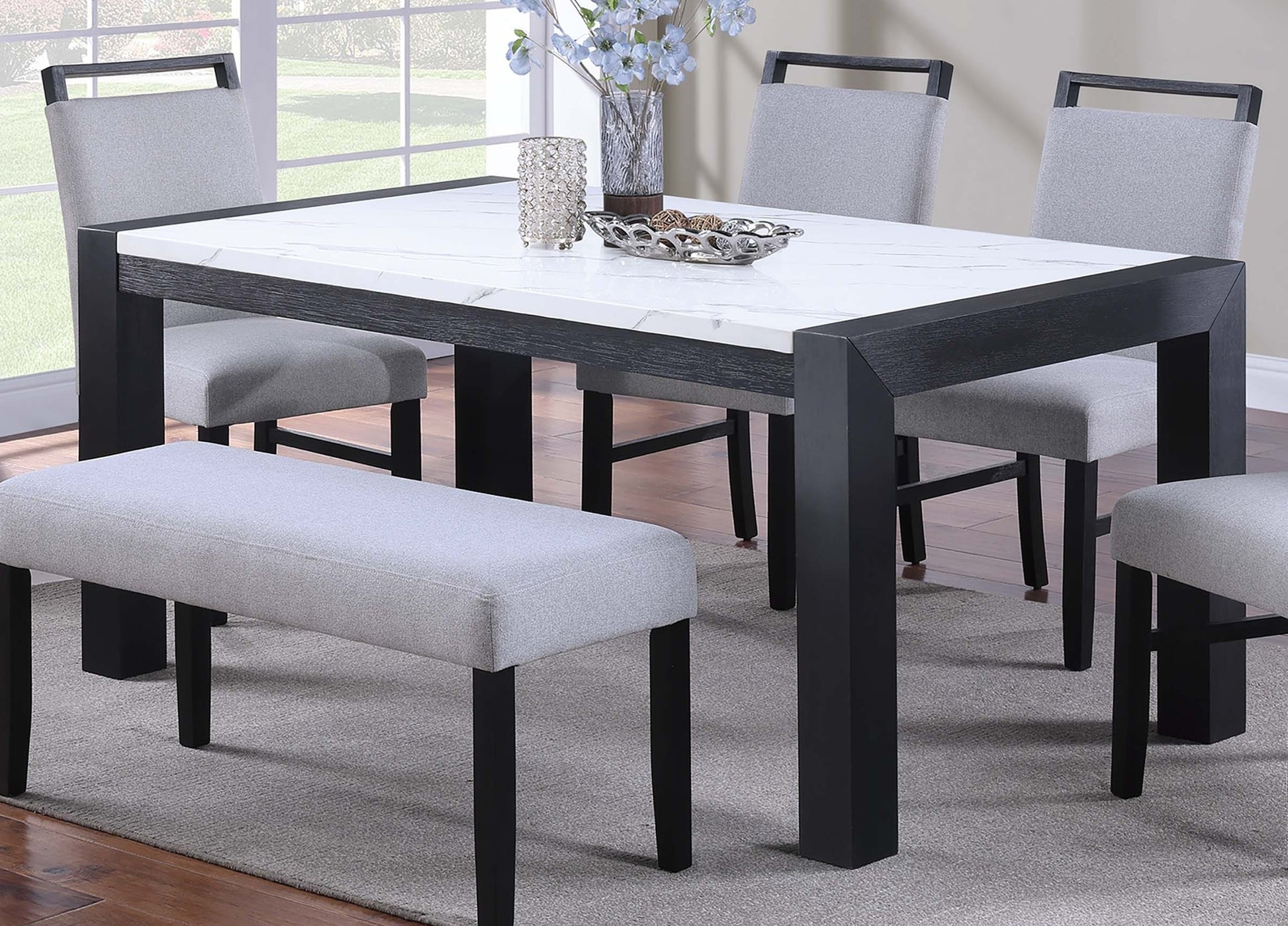 Elegant White Faux Marble Dining Table - Charcoal Legs
