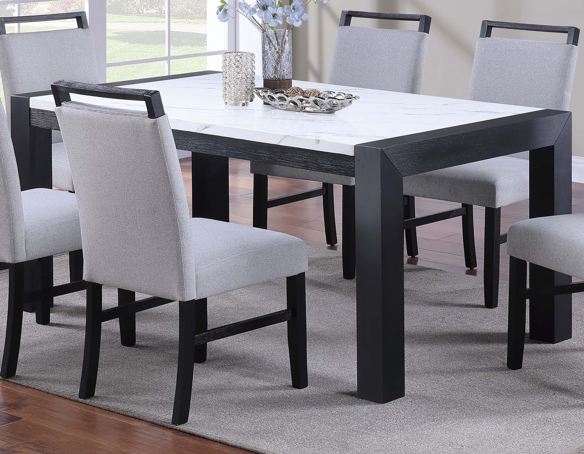 Elegant White Faux Marble Dining Table - Charcoal Legs